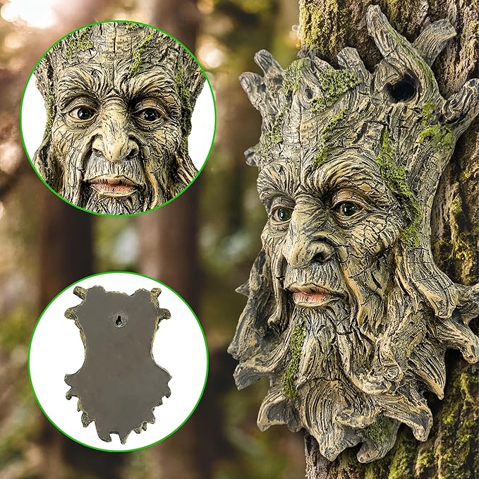 Teaeeno Whimsical Tree Face Garden Decoration, 10.2 in Tree Faces Decor Outdoor Wallmounted Statue Art with Leaf Features, Outdoor Decor Garden Accessory (Nature and Outdoors)