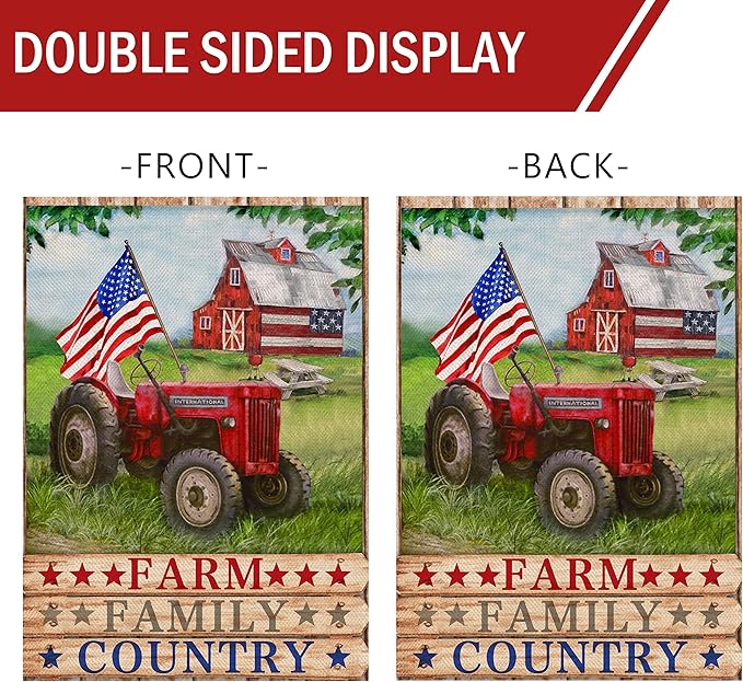 Furiaz July 4th Farm Family Country Barn Tractor American Patriotic House Flag, USA America Memorial Day Garden Yard Decorative Home Outside Decoration, Summer Farmhouse Outdoor Large Decor 28 x 40