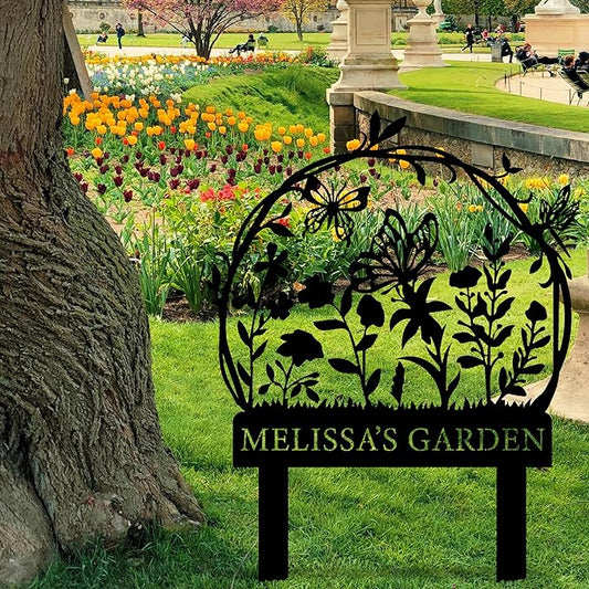 Personalized Garden Sign with Flower Design Custom Stake Butterfly Customized Gardening Gift Farmhouse Decor for Outside Gardening Decorative Gifts Gardeners Backyard Art Yard Outdoor Lawn Patio Path Black Large Camping Housewarming Mom Grandmother