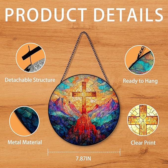 Christian Cross Suncatcher Stained Glass Window Hanging, Christian Sunset Landscape Sun Catchers Indoor Window Glass Round Wall Decor, Religious Cross Wall Art Hanging Decorations, "7.8x7.8"