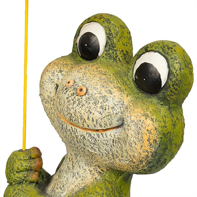 Alpine Corporation QWR1004 Indoor/Outdoor Smiling Frog with Yellow Umbrella Garden Statue, Playful Frog Statue, 23" H, Green
