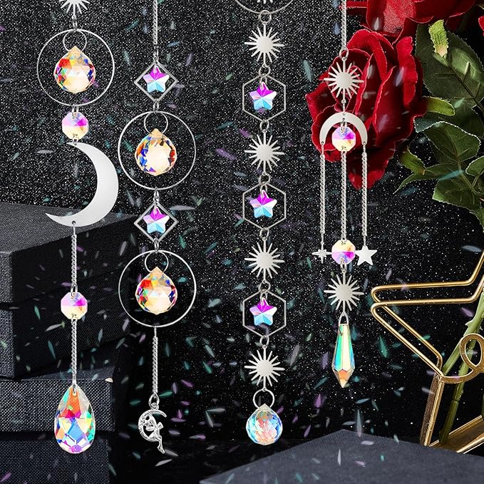 Ysleen 16 Pcs Crystals Suncatcher Colorful Hanging Sun Catcher for Window with Chain Pendant Ornament Prism for Garden Wedding Party Indoor Outdoor Decoration Gift(Silver)