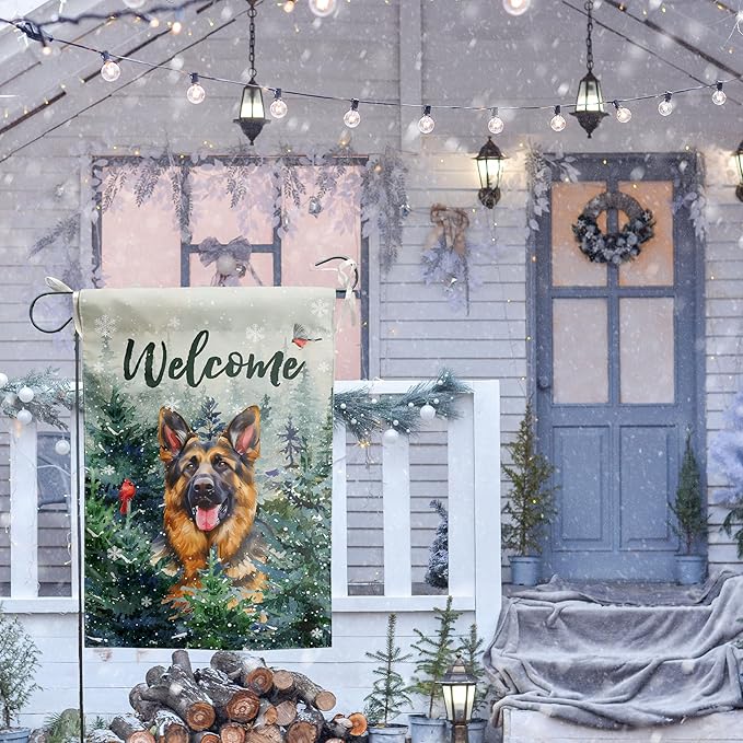 Welcome Winter Garden Flags German Shepherd Garden Flag Cardinal Birds on Snowy Pine Tree Flag Dog Yard Flags for Outside 12x18 Double Sided Christmas Decorative