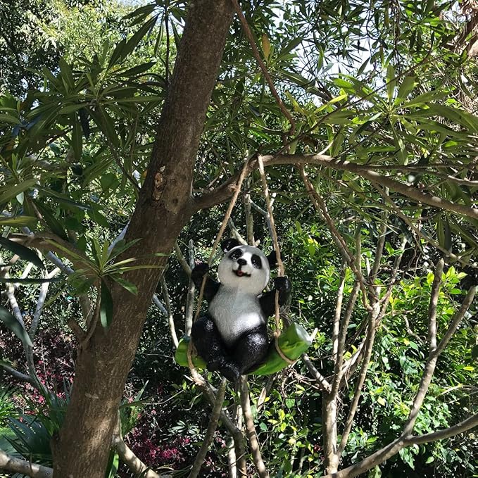Cute Black and White Panda Swing on Bamboo Creative Statue for Garden Decoration