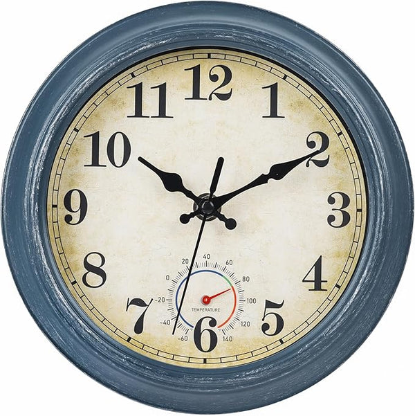 Outdoor Clocks Waterproof with Thermometer Combo Rustic Coastal Beach Wall Clock Decor for Bathroom Patio Pool (8 Inch,Blue)