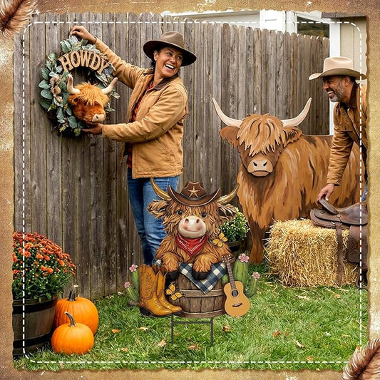 Amyhill Western Cowboy Highland Cow Outdoor Decor Cow Metal Garden Stakes Decorative Western Highland Calf Lovers Yard Signs with Stakes for Farmhouse Wild West Holiday Garden Lawn Decor