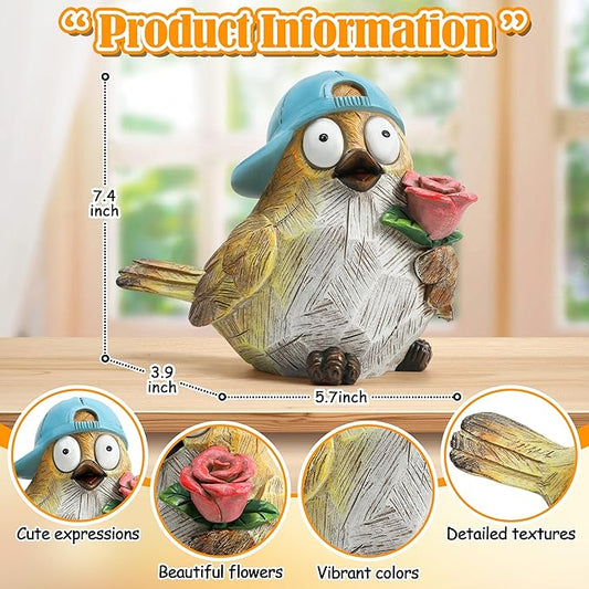 Garden Bird Statue for Decorations Outdoor Animal Figurines Little Bird Holding Flowers Sculpture Birds Figurines for Garden Yard Porch Patio Lawn Outside Home Decor Gift for Woman