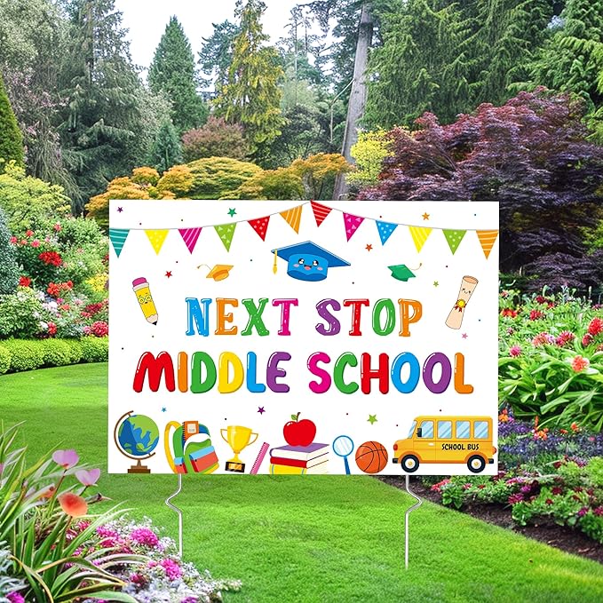 5th Grade Grad Yard Sign - Class of 2026 Elementary Graduate Lawn Sign with Stake Next Stop Middle School Congrats Graduation Waterproof Party Decorations Favors for Outdoor Garden Photo Booth Props