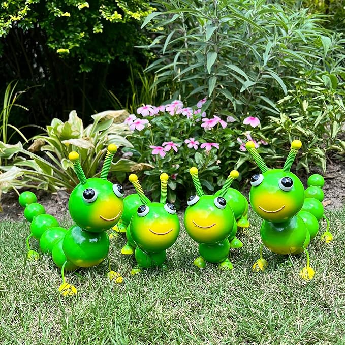 Cruis Cuka Metal Caterpillar Statue Yard Art Garden Decor for Outside Patio Lawn Ornaments Fence Decorations Gift for Family,Friends,Garden Lovers - Set of 4(Green)