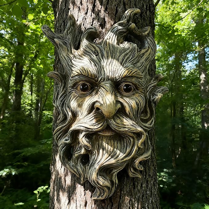Teaeeno Whimsical Tree Face Garden Decoration, 9.8 in Tree Faces Decor Outdoor Wallmounted Statue Art with Leaf Features, Outdoor Decor Garden Accessory (Outdoors and Nature)