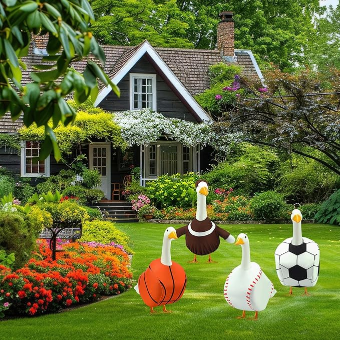 Abbylike 4 Set Baseball Porch Goose Outfit Lawn Basketball Goose Costume Rugby Football Porch Game Day Clothes for 23" H Statue Patio Yard Sport Party Celebrations Decor