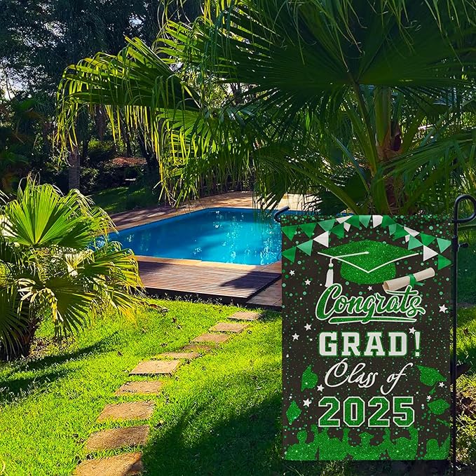 Graduation Garden Flag Class of 2025, Green Congrats Grade Flag for Outside Party Hanging Decorations 12x18 Inch Burlap