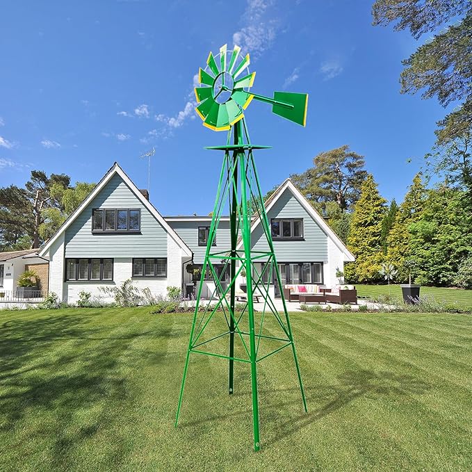 Outvita 8FT Ornamental Windmill, Heavy Duty Durable Metal Weather Vane Garden Decoration Weather Resistant for Garden, Yard, Farm, Seaside (8ft-Green)
