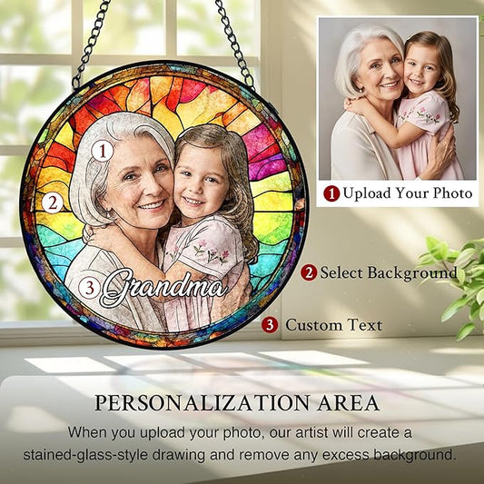 Personalized Grandma Stained Glass Windows Hanging, Family Picture Suncatcher Ornament, Custom Mothers Day Photo Gift from Grandkids, Birthday Grandparents Mom Gifts