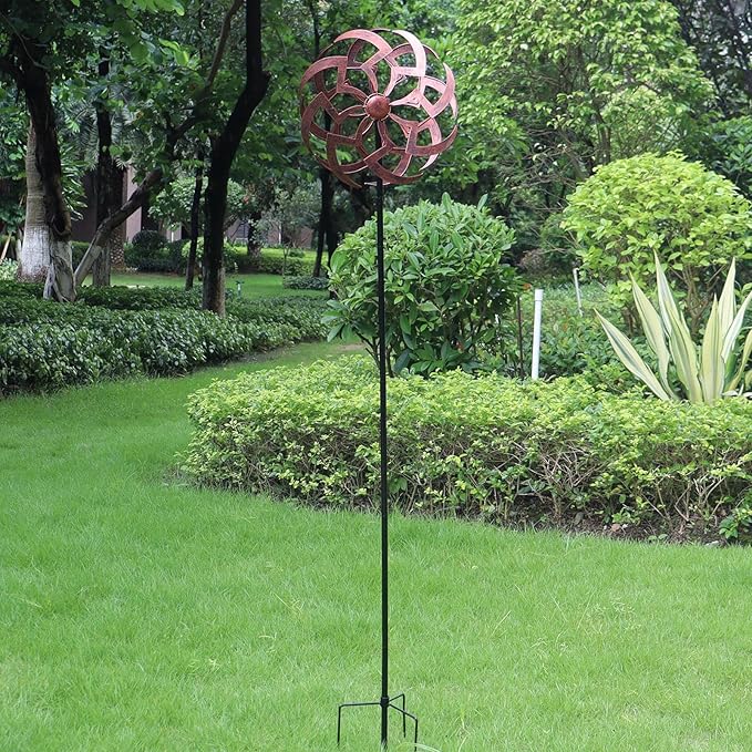 Garden Wind Spinner Outdoor Decor, Dual Rotating Blades Kinetic Sculpture with Artistic Geometric Design, Durable Metal Yard Art 63x13 Inch