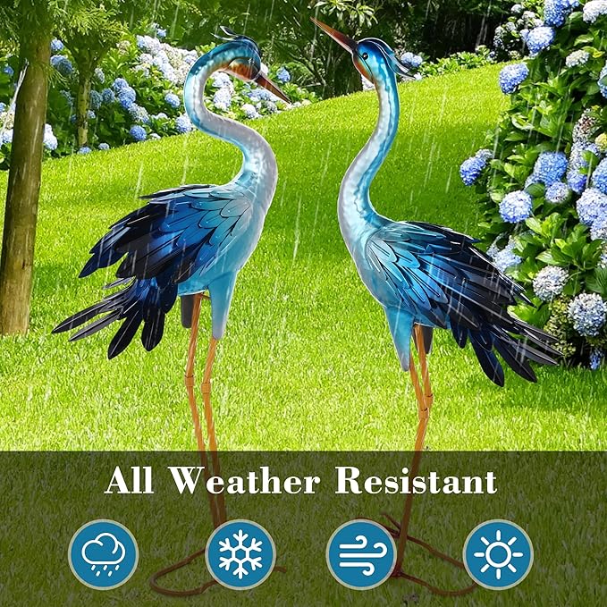 Shorayn Metal Crane Garden Statue, Garden Sculptures & Statues, Crane Ornaments Yard Art for Backyard Patio Lawn Decorations (Blue)