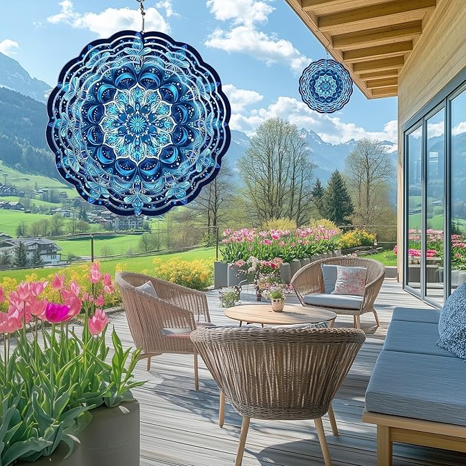Wind Spinners Outdoor, Hanging Wind Spinner for Garden Decoration, 8 inch 3D Stainless Steel Metal Wind Sculpture for Indoor/Outdoor Decor, Blue Mandala