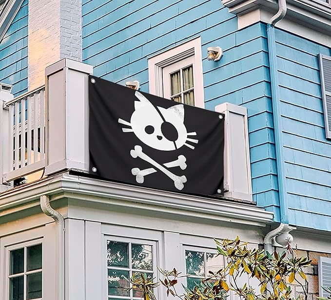 3x5 Feet Pirate Cat Skull and Crossbone Home Polyester Flags with 4 Brass Grommets - Decorative Home Fall Single Sided Flags for Infoor or Outdoor - Garden Yard Porch Patio Banner for Decor