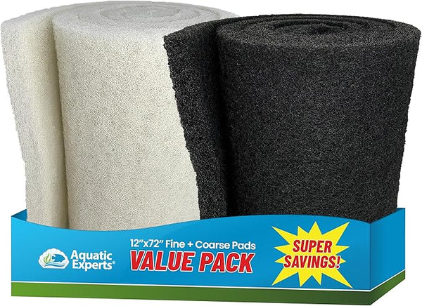 Aquatic Experts Classic Koi Pond Filter Pad Bundle – Fine & Coarse Bulk Roll Pond Filter Media, Ultra Durable Reusable Fish Pond Filter Material (Fine: 12" x 72", Coarse: 12" x 72")