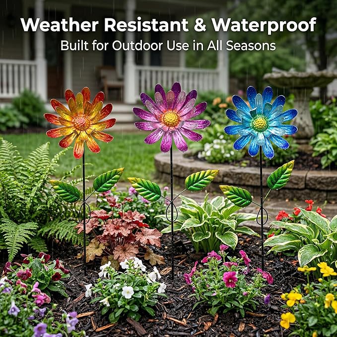 Metal Flower Garden Stake for Outside, 3 Pcs 16" H Outdoor Garden Stakes Decor, Yard Outdoor Ornaments for Patio, Lawn, Patio(Yellow & Purple & Blue)