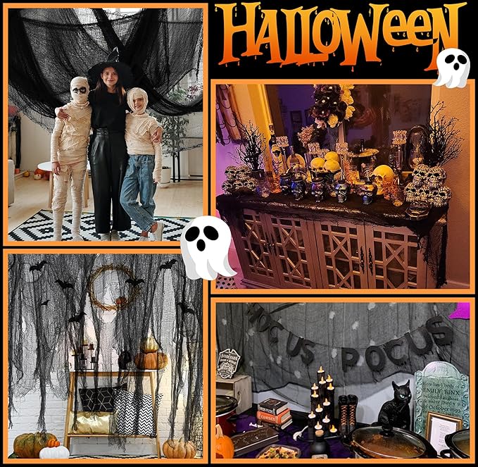400" x 85" Halloween Creepy Cloth - Large Size Spooky Fabric - Scary Gauze Blood Cloth for Haunted House, Party, Yard Decoration (Black)