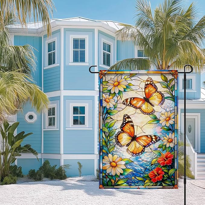 IVN Stained Glass Butterfly Garden Flag 12x18 Inch – Daisy Floral Outdoor Flag, Double Sided Burlap Spring Summer Yard Flag for Porch Lawn Patio Decor