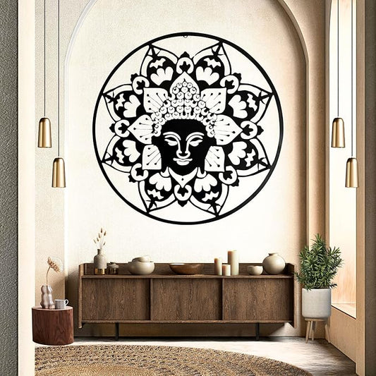 Bellaa 23514 Metal Wall Art Black Buddha Mandala Meditation Yoga Altar Indoor Serene Zen Buda Home Decor Outdoor Garden Patio Hanging 3d Sign Laser Cut 24 inch