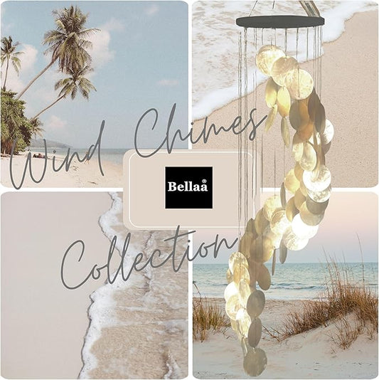 Bellaa 24537 Wind Chimes Outdoor, Garden Decorations, Musical, Indoor/Outside Windchimes, Beach, Ocean Breeze, Gifts for Mom, Gift for All Occasions, Capiz Sea Glass Shells Wood 27 inch White Gold