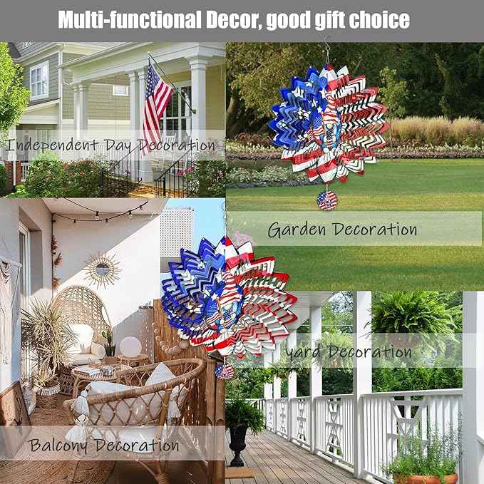 Sunflower American Flag Gnome Patriotic Wind Spinners Outdoor for Yard and Garden,12 Inch 3D Stainless Steel Metal Hanging Kinetic Wind Sculpture, Independence Day Decor Indoor Art