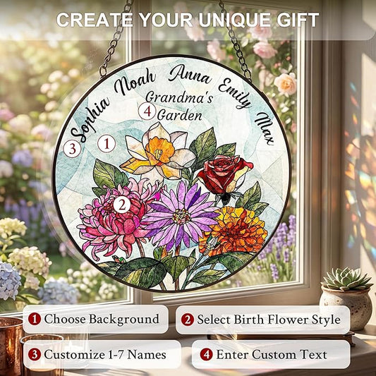 Personalized Mothers Day Stained Glass Gifts for Grandma, Custom Flower Windows Hanging with Kids Name, Suncatcher Ornament Decor Mom Gift from Daugher