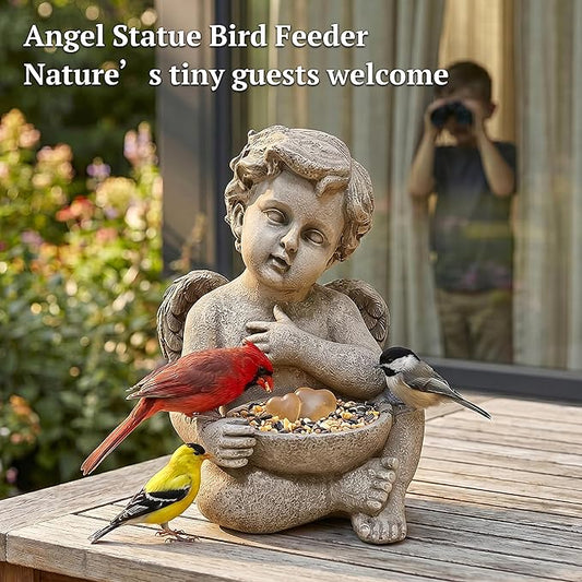MXwcy Solar Angel Statue with Bird Feeder, 9.06" Resin Angel Figurines for Outdoor Garden Decor, Solar Garden Lights for Yard Lawn Patio Grave, Memorial Garden Decor Angel Gifts for Women Mom Grandma
