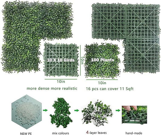 Bybeton Artificial Grass Backdrop Wall,10"x 10"(16Pcs) UV-Anti Boxwood Hedge Topiary Wall Panels for Indoor Outdoor Privacy Protected and Garden,Balcony,Privacy Fence Screen décor