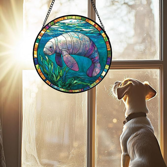 Stained Glass Window Hanging Blue Ocean Seaweed Manatee Large 15" - Suncatcher Door Garden Sunroom Sun Catcher Home Decor Birthday Christmas for Mom Men Woman Nana