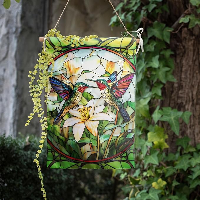 Stained Glass Hummingbird House Flag 28x40 Double Sided Large Decorative Flags For Outside Spring Floral Garden Flag Summer Flower Yard Flags for Lawn Porch Patio Decor