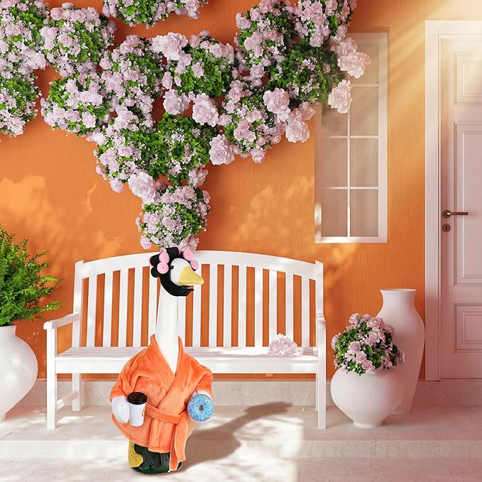 Porch Goose Statue Outfits Set Porch Goose Clothes with Wide Hat Costumes for 23" Plastic Statue Patio Yard Garden Lawn Outdoor Decoration(Orange,Coffee Cup)