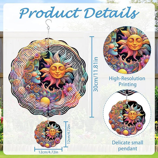 Hanging Wind Spinners Outdoor, 3D Kinetic Metal Wind Spinner with Sun Moon Celestial Boho Design for Garden Yard Decor, Spiritual Gifts for Women Meditation Yoga Lovers
