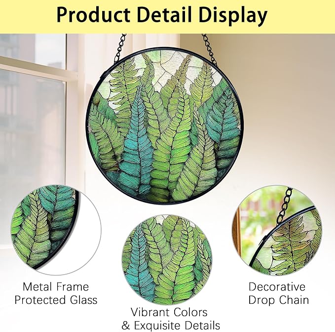 TNUW Fern Plant Stained Glass Window Hanging, Gifts for Plant Lovers Sun Catchers Indoor Window Glass Round Wall Art Decor, Fern Botanical Wall Hanging Decorations, 7.9"x7.9"