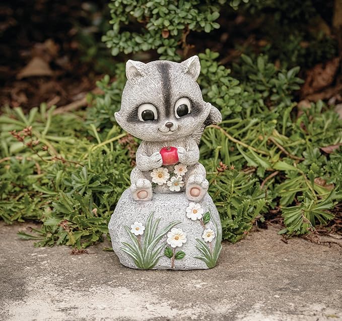 Roman 8” Raccoon Sitting on Rock Garden Statue – Outdoor Yard Decor, Animal Figurine for Garden, Lawn, or Patio