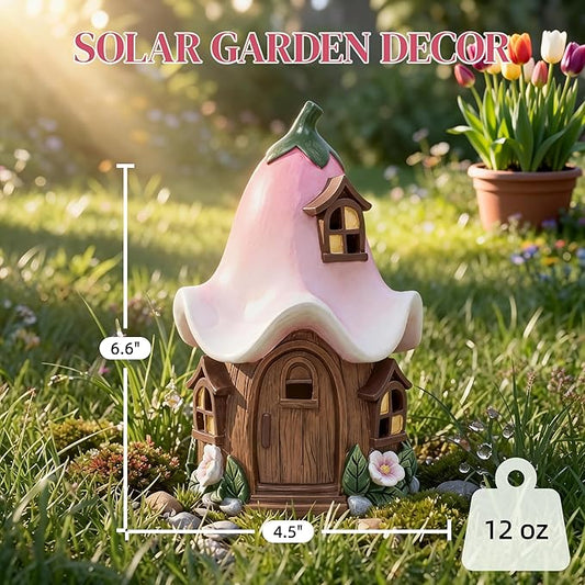 Solar Fairy Garden House, Whimsical Flower Cottage Fairy Figurines with Automatic Solar Lights, Hand-Painted Resin Garden Statue Unique Gift for Outdoor, Patio, Yard Art, Balcony, Porch Decor
