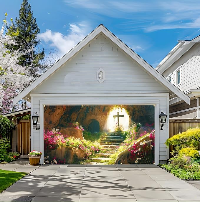 Easter Garage Door Banner 157.5x70.9in Large Spring Garage Door Cover Outdoor Holiday Decorations for House Exterior Yard Decor with Grommets and Rope
