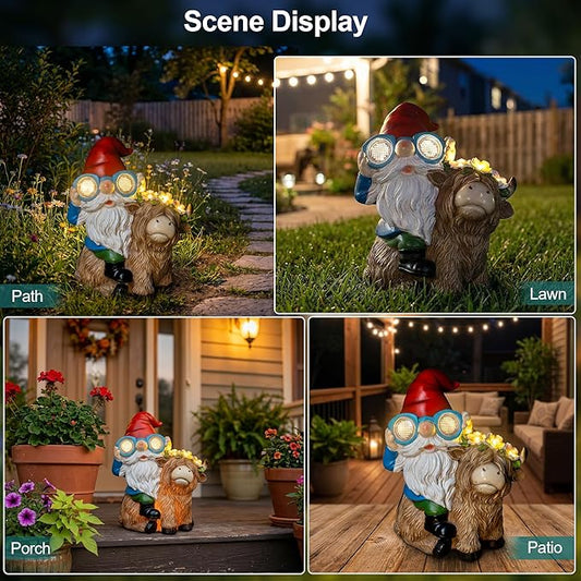 ZQQLITE Garden Gnome Statue Sitting Highland Cow Figurine with Flower Wreath, Solar LED Lights Outdoor Telescope Weatherproof Yard Art Decor for Patio Lawn, Housewarming Gifts for Women Mom