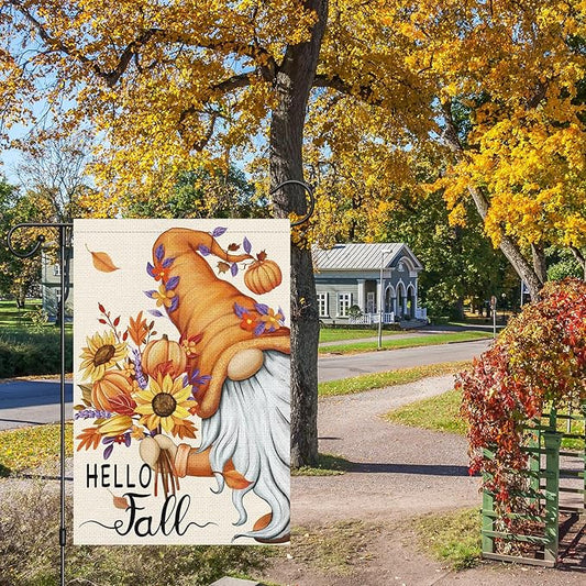 Hello Fall Gnome Garden Flag 12x18 Double Sided Burlap, Pumpkin Sunflower Garden Yard Flags for Thanksgiving Rustic Seasonal Outside Outdoor House Decoration (ONLY FLAG)
