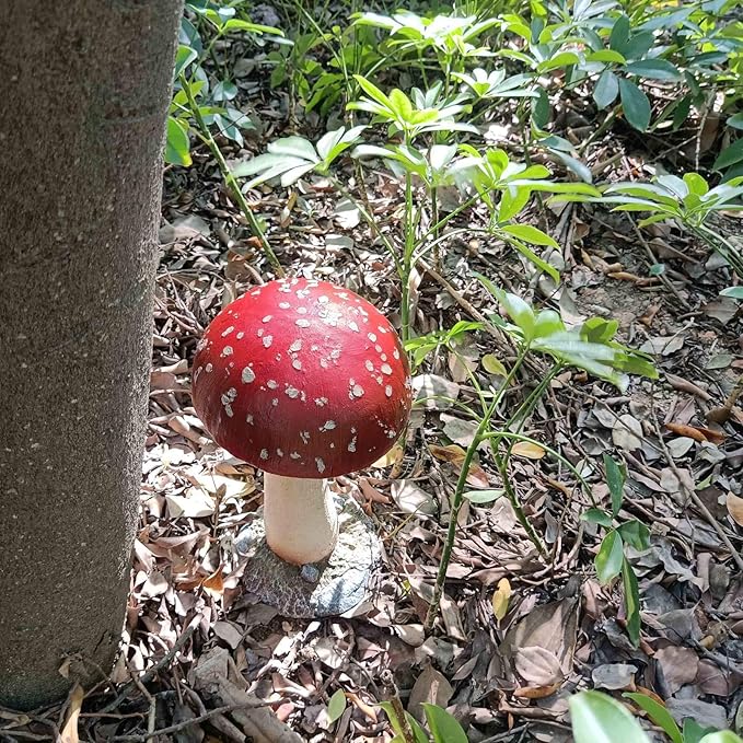 Mushroom Decor Outdoor Garden Statue - Garden Gnome's Favorite Garden Decoration Patio Decor (11.8", Red)