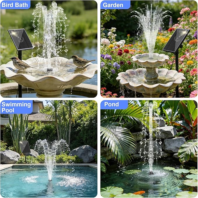 Yeomi Solar Water Fountain for Bird Bath, 2.5W 5V Solar Powered Water Pump with Separated Solar Panel, Outdoor Solar Fountain for Small Pond, Garden Water Feature Decoration with 5 Spray Nozzles