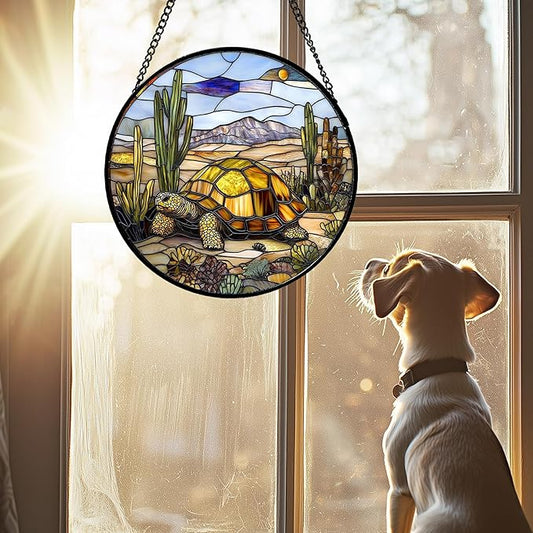 Stained Glass Window Hanging Golden Turtle Cactus Landscape 9.8" - Suncatcher Door Garden Sunroom Sun Catcher Home Decor Birthday Christmas for Mom Men Woman Nana