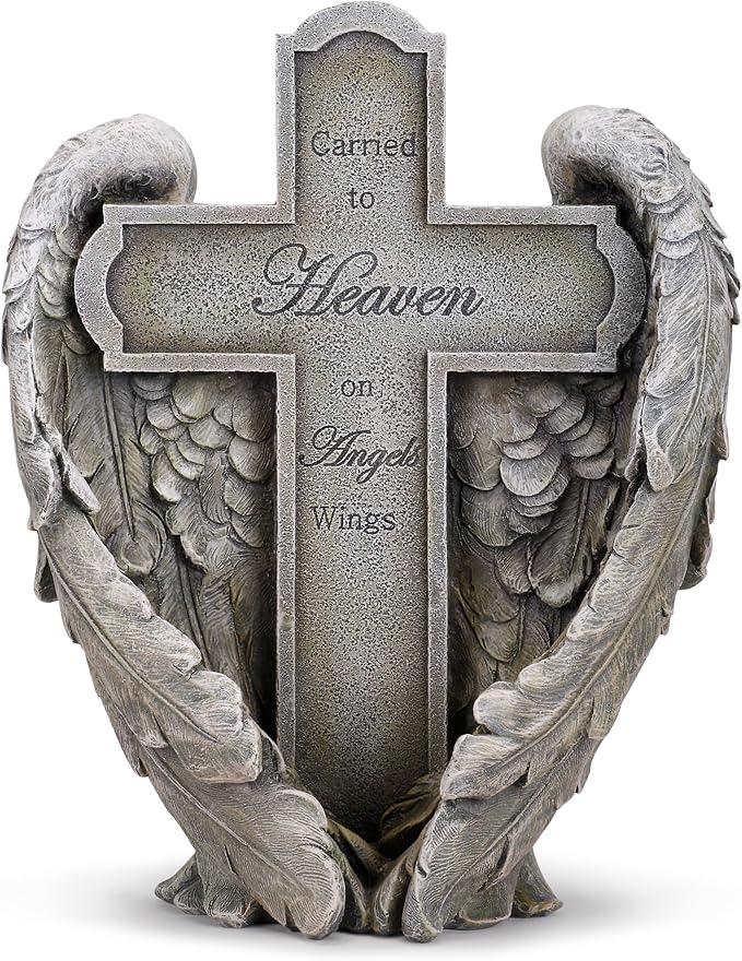 Napco Imports Carried to Heaven on Angels Wings Cross 9 x 11 Inch Resin Decorative Bereavement Statue