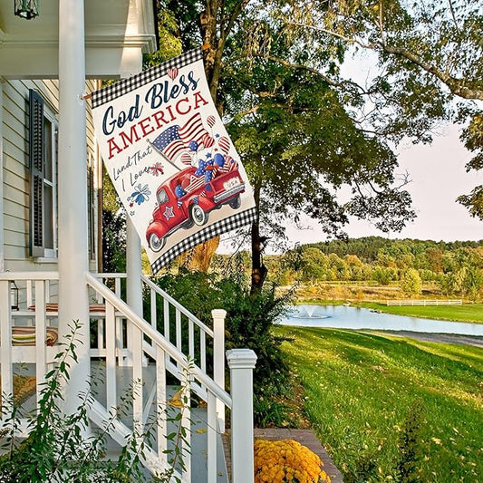 4th of July House Flags for Outdoor,Patriotic American Truck with Buffalo Plaid Yard Flags for Outside,Memorial Decorative Flag for 250th USA Anniversary Holiday Decoration 28x40 Inch Double Sided