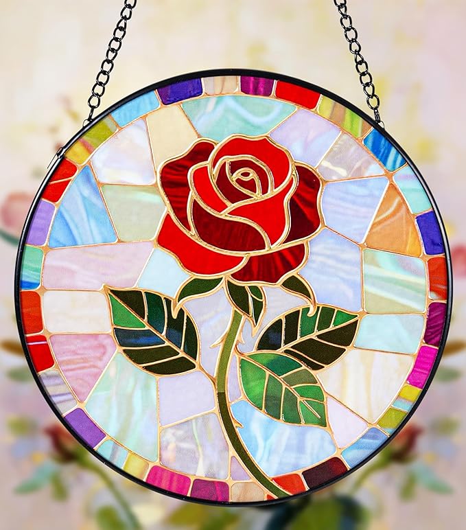 Stained Glass Window Hanging, Red Rose Suncatcher 7.8 in Sun Catcher Glass Panel Boho Wall Art Decor with Chain Diamond Glass Panel Hangings Scenery Sun Catchers Decor for Lover Couple Mom