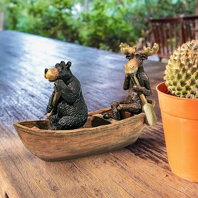 Moose and Black Bear in a Boat Statue