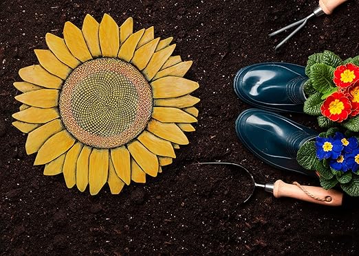Magnolia Garden 12-Inch Sculpted Golden Sunflower Decorative Stepping Stone – 3D Floral Resin Garden Walkway Tile – Vibrant Yellow Flower Outdoor Accent